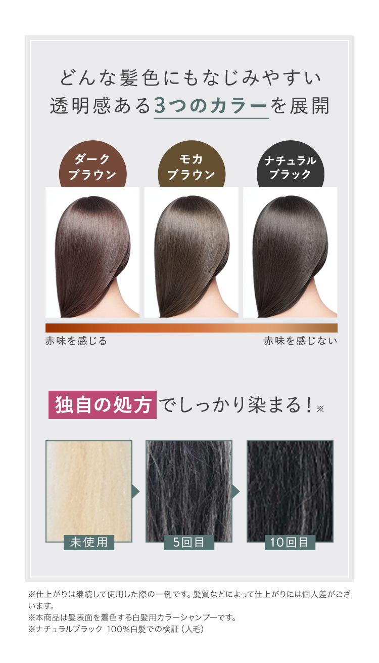 どんな髪色にもなじみやすい
透明感ある3つのカラーを展開